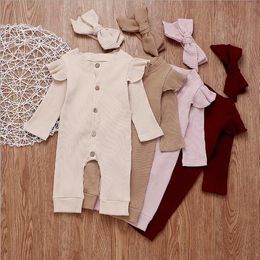 INS Baby Girl Clothes Flying Sleeve Toddler Girls Rompers Single Breasted Infant Jumpsuits Solid Newborn Baby Climbing Clothes DW4492