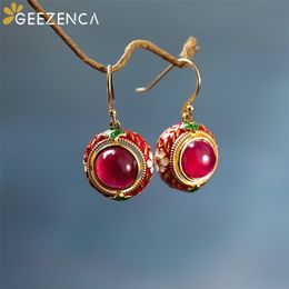 Vintage 925 Sterling Silver Thai Red Corundum Enamel Gemstone Drop Earring For Women Retro Ethnic Handmade Cloisonne Earrings 210317