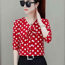 Bow tie Long Sleeve Blusa v Collar Polka Dot Blouses Shirt Casual New Feminine Elegant Women Tops camisas mujer 66i6 210323