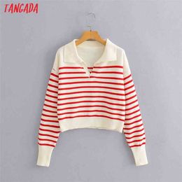 Tangada Women Red Striped Crop Sweater Jumper Turn Down Collar Elegant Oversize Pullovers Chic Tops BC69 210914