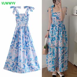 Blue Print Dresses for Women Strappy Backless Pleated Maxi Dress Woman Vintage Going Out Ladies Elastic Waist 210430