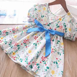Girls Dress Sweet Puff-Sleeve Floral Print Backless Bow Princess Toddler Children Clothing Summer 210515