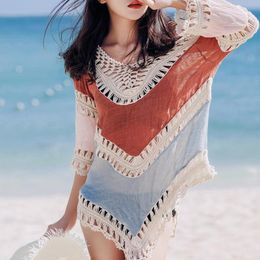 Women's Swimwear Lace Hollow Out Cover Up Women Sunscreen Patchwork Hand Woven Temperament Tassels Bohemian Style Beach Bikini Accessories 2