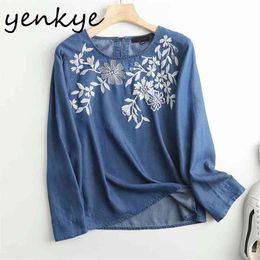 Floral Embroidery Vintage Blue Denim Blouse Women O Neck Long Sleeve Casual Loose Summer Tops Plus Size blusas 210514