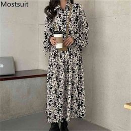 Vintage Printed Women Long Dress Korean Loose Fashion Full Sleeve Turn-down Collar Midi Dresses Vestidos Femme 210513