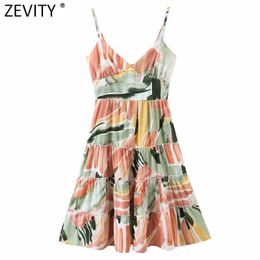 Zevity Women Fashion Graffiti Print Casual Sling Dress Female Bow Tie Back Zipper Casual Vestido Chic Beach Style Dresses DS8339 210603