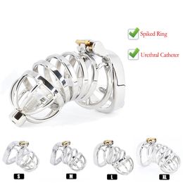 best sex toys for men Australia - Best CBT Male Chastity Belt Device Stainless Steel Cock Cage Penis Ring Lock with Urethral Catheter Spiked Ring Sex Toys For Men 210323