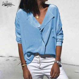 Women's Loose Casual Long Sleeve Shirt Satin Blouses Tops Plus Size Elegent Work Wear V-Collar Chiffon Blouse 12418 210521