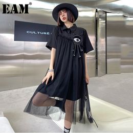 [EAM] Women Black Big Size Casual Spliced Mesh Dress Lapel Short Sleeve Loose Fit Fashion Spring Summer 1DD8575 21512