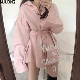 Retro Single-breasted Loose Women Mini Dresses Spring Long Sleeve Turn Down Collar Cotton Pink Short Shirts Dress With Belt 210514