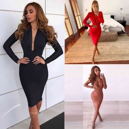 Sexy Deep V-neck Low Cut Bandage Pencil Dress Bodycon Long Sleeve Womens Party Elegant Red Dresses Black Office Ladies Vestidos 210507