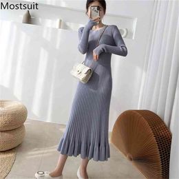 Autumn Thick O-neck Pullover Sweater Dress Long Sleeve Slim Waist Mid-calf Female Knitted Fashion Casual Vestidos 210513