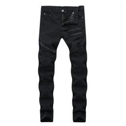 Fashion Hi Street Men Ripped Jeans Pants Streetwear Distressed Denim Trousers With Multi Zippers Plus Size 28-42 Black