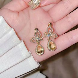 Luxury Temperament Bling Zircon Crystal S925 Sterling Silver Cute Bowknot Water Drop Earrings Yellow Gold Color Jewelry