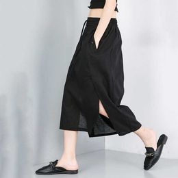 Korea Spring Summer High Elastic Waist Black Bandage Vent Pocket Split Joint Half-body Skirt Women Fashion JW562 210603