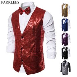 Men's Red Sequin Vest with Bowtie Gilet Homme Brand Slim Fit V Neck Glitter Waistcoat Men Party Stage Prom Show Costume 210522