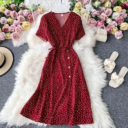 Chffion Red elegant sexy Dress women summer beach V-neck polka dot midi dress waist split dress vestidos de fiesta clothes 210325