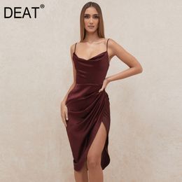 Strapless Solid Sexy Suspender Sleeveless Mid Length Fishbone Split Satin Women's Dress Y2k Clothes Summer GX482 210421