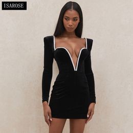 ISAROSE Diamante Collar Mini Dress Long Sleeve Black Soft Velvet Deep V Sexy Shoulder Padded Bodycon Party Diamonds Velour Dress 210422