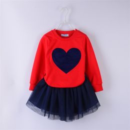 Girls Clothes Set Autumn Love Sewing Long Sleeve + Mesh Skirts Casual 2PCS Suits Children's Clothing 210528