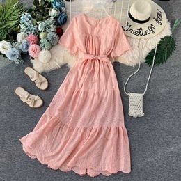 Korean Chic Women Hollow Out Midi Dress Women Short Sleeve Round Neck Sashes Dresses Female Big Swing Vestidos Fashion Fall 2020 Y0603