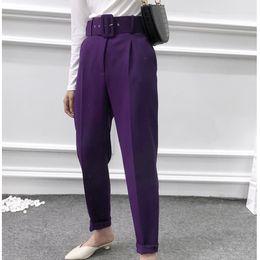 [EQW] Tangada autumn winter women candy pink suit pants high waist pockets office ladies elegant work with belt 210510