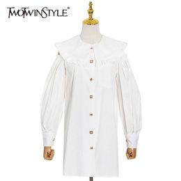 TWOTWINSTYLE White Patchwork Button Shirt For Women O Neck Lantern Sleeve Casual Minimalist Blouse Female Fashion Stylish 210517