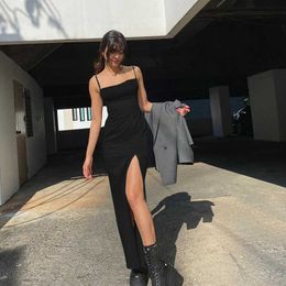 Summer Sling Dresses Casual Sundresses High Waist Pleated Slim Backless Long Solid Black Dress for Streetwear Women 210712