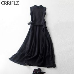 Women Spring Summer Solid Stand Collar Sleeveless Top Hollow Out Big Swing Skirt 2 Piece Set Elegant Black Patry Dress 210520