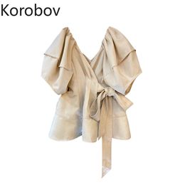 Korobov Korean Puff Sleeve Vintage Women Blouses Office Lady Lacing V Neck Elegant Solid Shirts Summer Short Blusas Mujer 210430