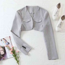 Women V Neck High Waist Jacket Spring-autumn Fashion Ladies Street Korean Style Female Short Blazer Coat 210527