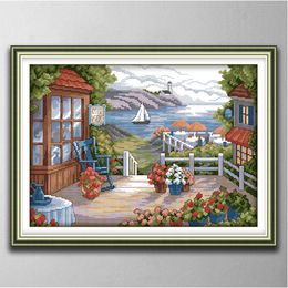 Terrace with blooming flowers Handmade Cross Stitch Craft Tools Embroidery Needlework sets counted print on canvas DMC 14CT 11CT Home decor paintings