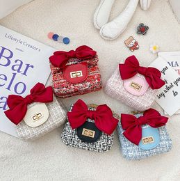 Woolen style children handbag girls princess red bow diagonal chain bag for women coin purse