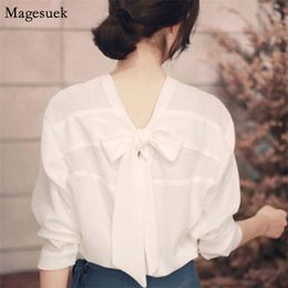 Korean Elegant White Blouse Women Back Bow V-neck Chiffon Office Lady Casual Long Sleeve Shirt 11571 210512