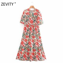 Zevity women vintage flower print pleats a line midi dress elegant lady short sleeve vestido chic casual slim party dress DS4226 210325