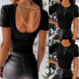 Summer Backless T-Shirts Women Casual Back Chain Decor O-Neck Short Sleeve Tshirts Sexy Slim Streetwear Pullover Tops Female 210522