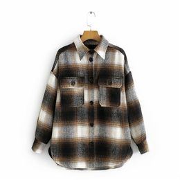 Women Casual Plaid Loose Shirt Jackets Coats Autumn Long Sleeve Woollen Female Plus Size Street Jacket Outerwear 210513