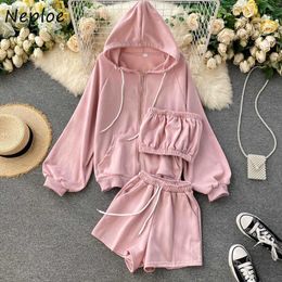 Neploe 3 Piece Set Women Sexy Strapless + Double Pockets Drawstring Wide-leg Short + Solid Colour All-match Hooded Jacket Suit Y0625