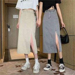 Korean-Style High-Waist Slim Mid-Length Skirt Split Denim Bag Hip A- line for Women 210529