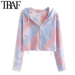 TRAF Women Fashion Tie-dye Print Zip-up Cropped Sweatshirts Vintage Hooded Long Sleeve Female Outerwear Chic Tops 210805