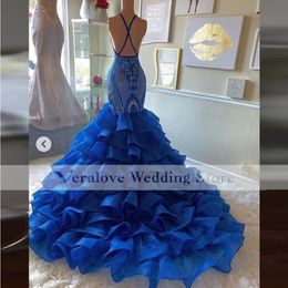 Sexy Royal Blue Mermaid Prom Dress for Girl Ruffles Skirt robes de cocktail Deep V Neck Formal Evening Party Gowns
