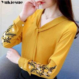 Long sleeve embroidery chiffon blouse womens tops and s shirt office lady women blusas feminine 210719