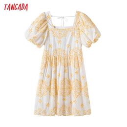 Tangada Women Embroidery Romantic Dress Puff Short Sleeve Back Bow Females Mini Dresses Vestidos 6H100 210609