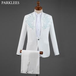 White Mens Suits with Pants Tuxedo Sequin Men Suits for Wedding Stage Costume Homme Slim Fit Mens Suits Set Luxury Groom Suit 210524