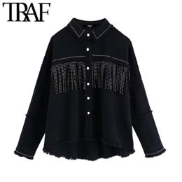 TRAF Women Stylish Tassel Beaded Oversized Denim Jacket Coat Vintage Fashion Long Sleeve Frayed Trim Outerwear Chic Loose Tops 210928