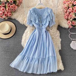 Lace Beading Midi Dress Women Vintage V Neck Short Sleeve High Waist A-Line Vestidos Summer Robe Sweet Dresses 210519