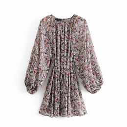 Vintage Women Floral Print Pleated Dresses Autumn Fashion Ladies Puff Sleeve Dress Streetwear Female Chic Belt Loose Blouse 210427