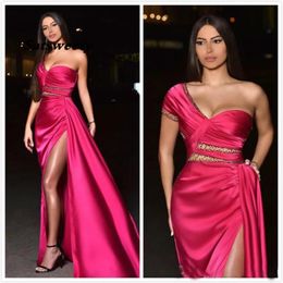 2021 Evening Dresses One Shoulder Arabic Prom Dress Sexy High Split Formal Party Gown Custom vestido de fiesta