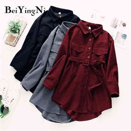 Women Shirt Dress Solid Color Spring Autumn Korean Belt Long Shirts Female Corduroy Vintage Fashion Blouses Tops 210506