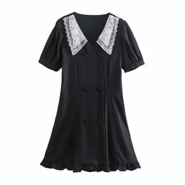 Women Dress Lace Collared Double breasted Short Sleeves Mini dress Chic Lady elegant Vintage Casual Woman Dresses 210709